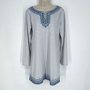 Cabana Life Embroidered Shift Dress Sz L White Blue Stripe Long Sleeves Stretchy